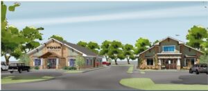 Medical office Hutto TX development rendering showing professional medical buildings with parking and landscaping