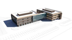Aerial rendering from the north of the two-wing medical office building at Las Colinas Terraces, Irving, TX