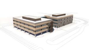 Aerial rendering from the south of the two-wing medical office building at Las Colinas Terraces, Irving, TX