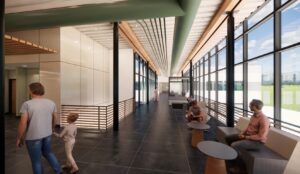 Rendering of the glass bridge seating area with wood slat ceiling at the Las Colinas Terraces medical office building