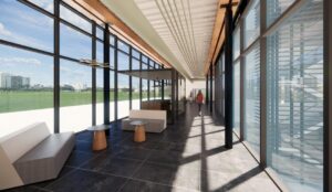 Rendering of the second-floor glass bridge connecting both wings of the Las Colinas Terraces medical office building