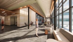 Rendering of the glass-walled lobby with wood slat ceilings at 7410 N Highway 161, Irving, TX